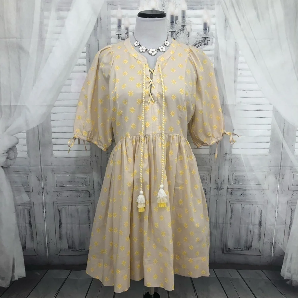 Chelsea & Violet Large Dress Yellow Floral Cotton Short Sleeve Tassels V Neck - Picture 2 of 11